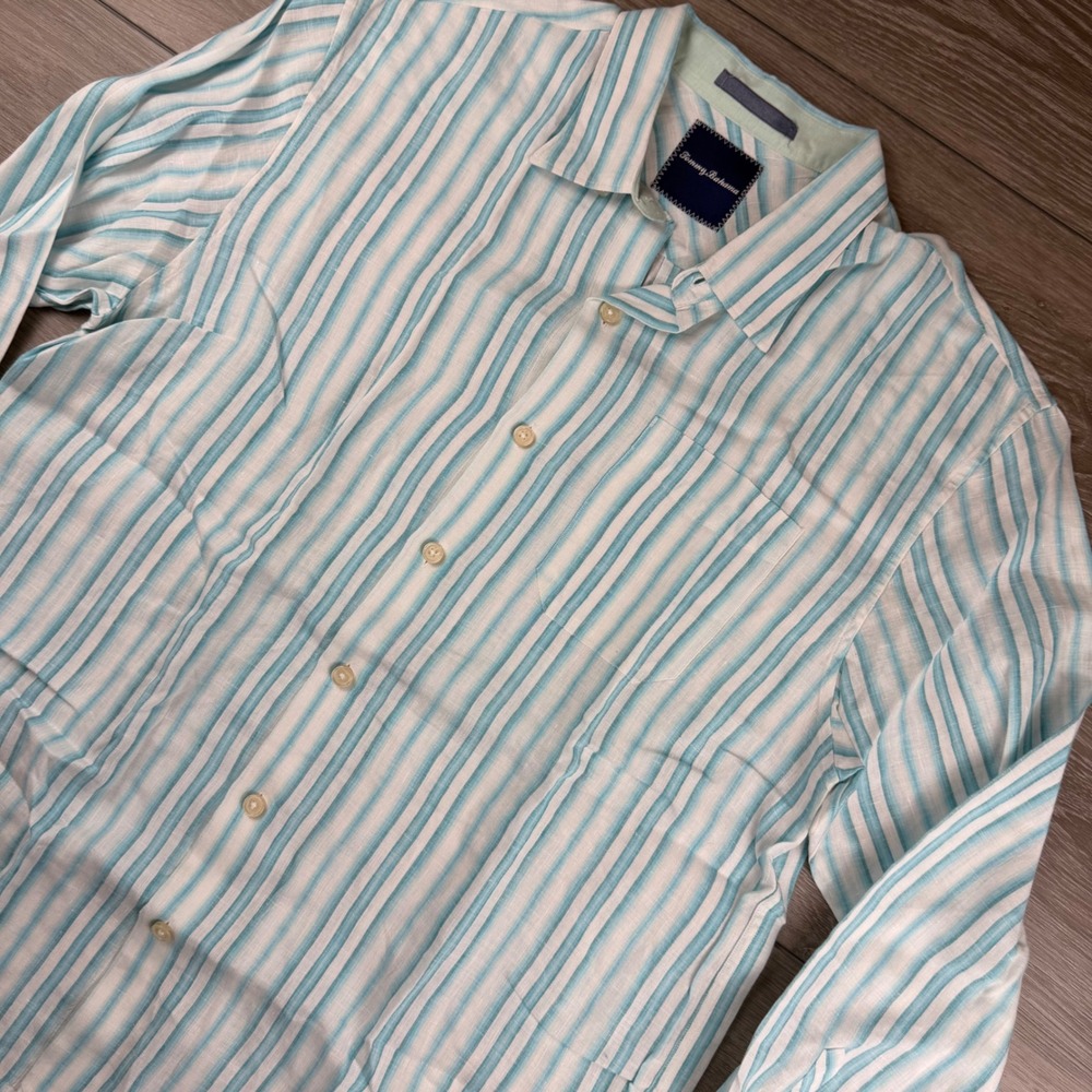 Tommy Bahama Mens Button Up Shirt Striped Linen Blue White Large